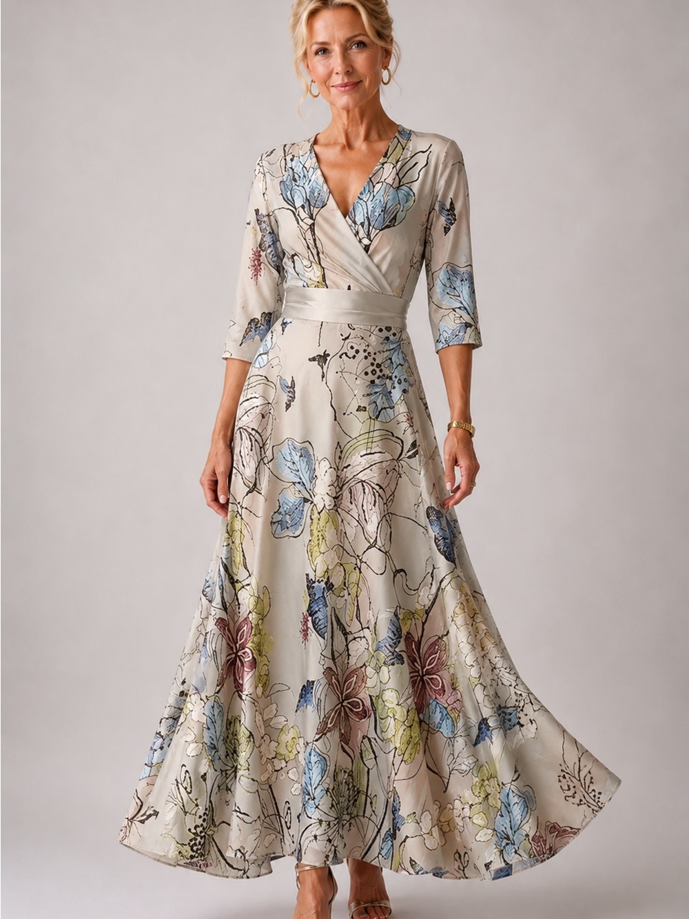 Elegant Floral Wrap Maxi Dress - Cream with Blue & Green Floral